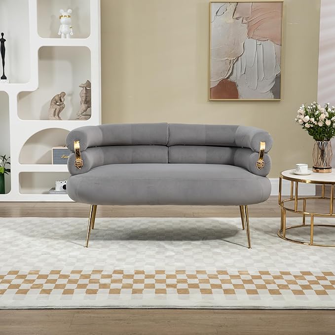 50” Velvet Loveseat Sofa Chair Mid Century Modern 2-Seater Small Love Seat for Small Spaces Accent Arm Chair with Golden feet Comfy Upholstered Leisure Couch for Living Room (Gray)