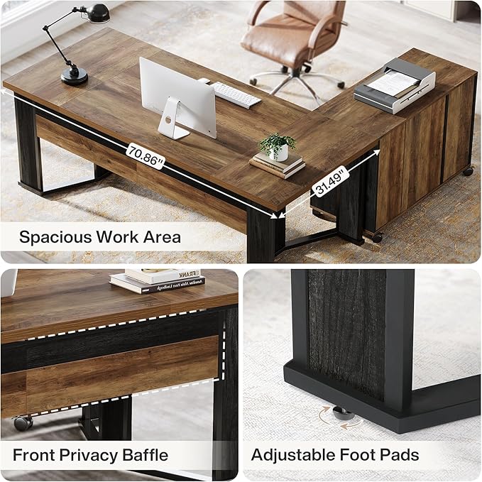 Tribesigns 70.86 Executive Desk with Mobile File Cabinet Large L Shaped Computer Office Desk with 2 Drawers and Storage Shelves Business Furniture Desk Workstation for Home Office (Rustic Brown)