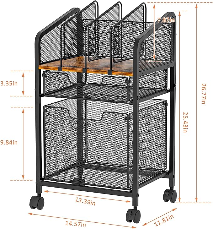 Rolling File Cabinet with Adjustable Dividers Mobile Filing Cabinet with 2 Storage Drawers on Lockable Wheels Hanging File Organizer Beside Under Desk for Office Home（Patent Pending）