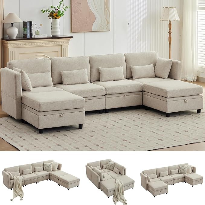 Sectional Modular Sofa with Storage Sectional U Shaped Couches for Living Room Cloud Convertible Sectional Sofa with Chaise 6-Seat Couch with Cushions Adjustable Backrest Khaki