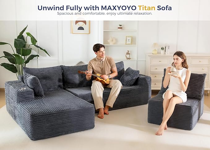 MAXYOYO 132 Oversize Modular Sectional Couch with L-Shape Chaise Modern Boneless Couch for Living Room Sofa in A Box Oversized Sofa Sleeper with Deep Seat No Assembly Required Dark Grey