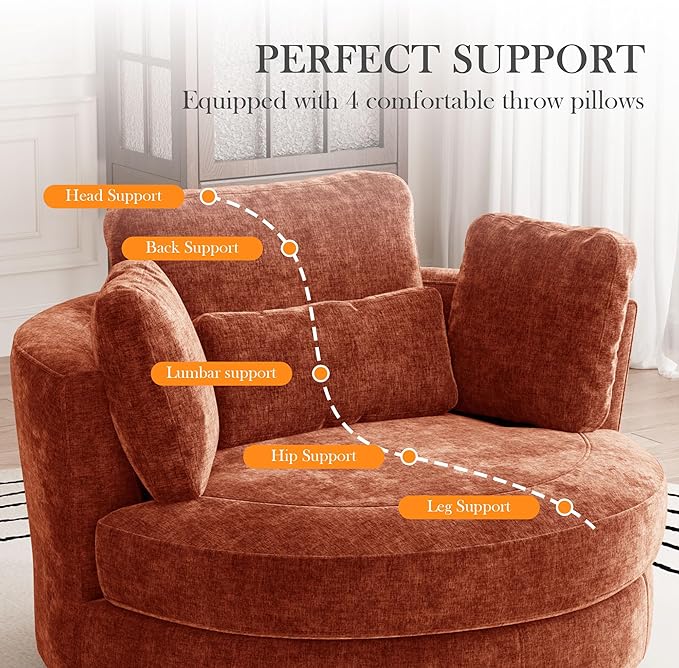 Aoiy &amp Wifon 50'' W Oversized Swivel Barrel Chair Terracotta Swivel Accent Chair for Living Room Round Oversized Arm Chair with 4 Pillows Deep Seat &amp Extra Wide Chenille