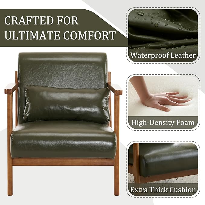 Accent Chair and Ottoman Set Mid-Century Modern Faux Leather Upholstered Lounge Armchair with Pillow Solid Wood Frame &amp Comfortable Cushion for Living Room Bedroom Balcony Green