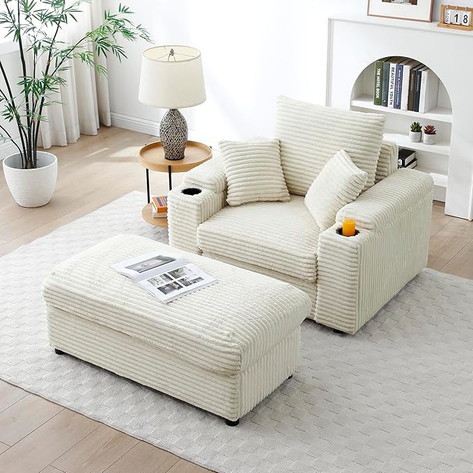 43.3”W Oversized Accent Chair with Ottoman &amp Storage Modern Corduroy Reading Chair with Cup Holder &amp Pillow Comfy Upholstered Deep Seat Armchair for Living Room Bedroom (Cream)