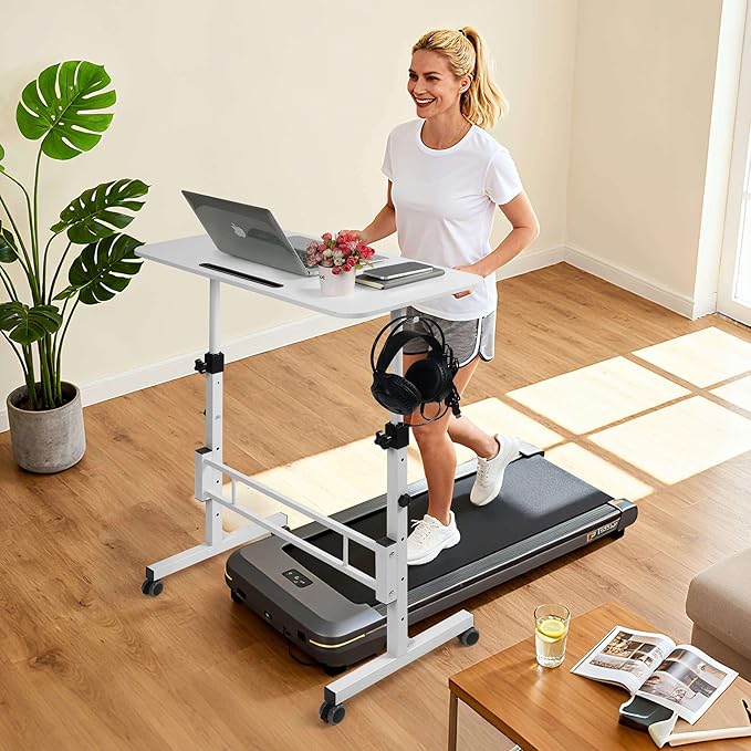 Adjustable Standing Desk with Wheels Portable Rolling Walking Pad Desk Small Laptop Table for Home Office Sit Stand Up Workstation Size 15.7x 31.5 White