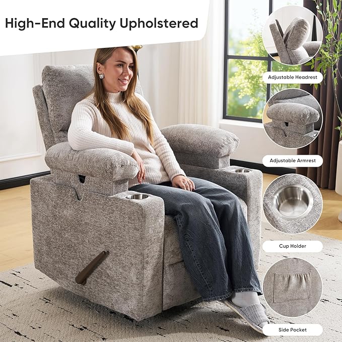 Swivel Rocker Recliner with Adjustable Armrests Rocking Nursery Chair with Adjustable Headrest Cup Holder Manual Recliner Nursing Chair for Breastfeeding Chenille Light Grey