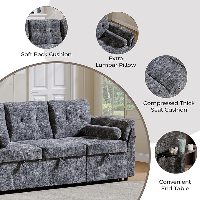 Convertible Queen Sofa Bed 63 Inch Chenille Pull Out Couch with Side Table 3 Seat Pull Out Sofa Bed with Level Adjustable Backrest Comfy Sleeper Sofas for Living Room Apartment Gray