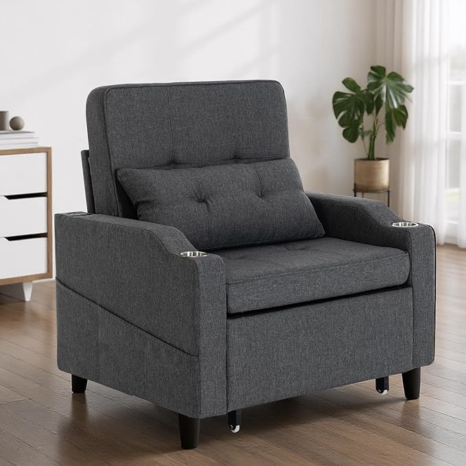 Sleeper ChairSingle Armchair Sofa with PillowAdjustable Backrest Recliner Sofa Modern Pull Out Couch Bed with USB Port Cup Holder Side Pocket for Living Room Bedroom(Dark Grey)