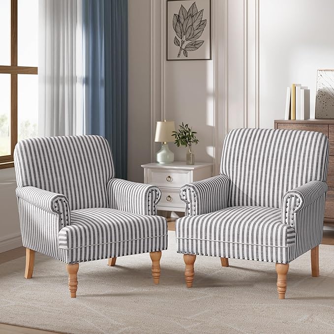 HUIMO Linen Fabric Accent Chair Mid-Century Modern Upholstered Armchair with Solid Wood Legs Comfy Reading Club Chair for Living Room Bedroom (2 Dark Grey and White Stripe)