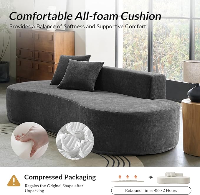 94.5 Modern Curved Sofa 3-Seater Comfy Foam Couch with 2 Pillows Frameless &amp No Assembly Required Cloud Couch for Living Room Charcoal