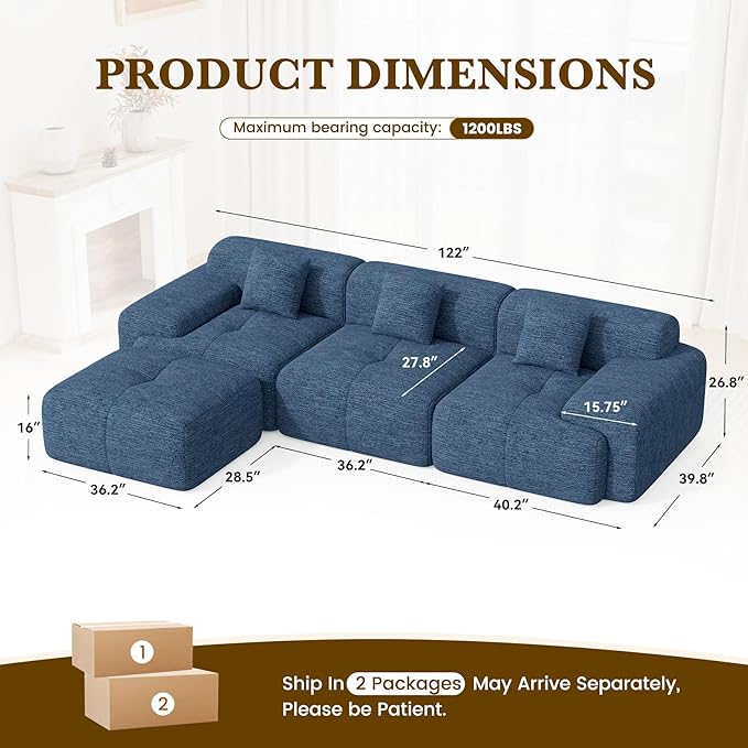 122 L Shaped Convertible Modular Couch Cloud Couch Sectional with Ottoman 4-Seater Chenille Boneless Couches for Living Room Apartment No Assembly Blue 1PCS