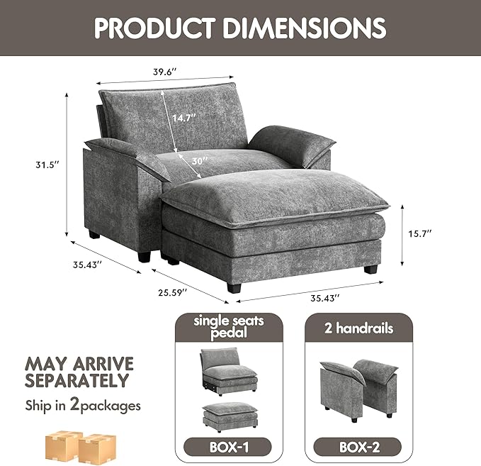 Homall 40 Modular Sectional Sofa Single Sofa Couch with Reversible Ottoman DIY Combination Chenille Deep 1-Seat Cloud Couch for Living Room Apartment (Light Grey Single Sofa Chair)
