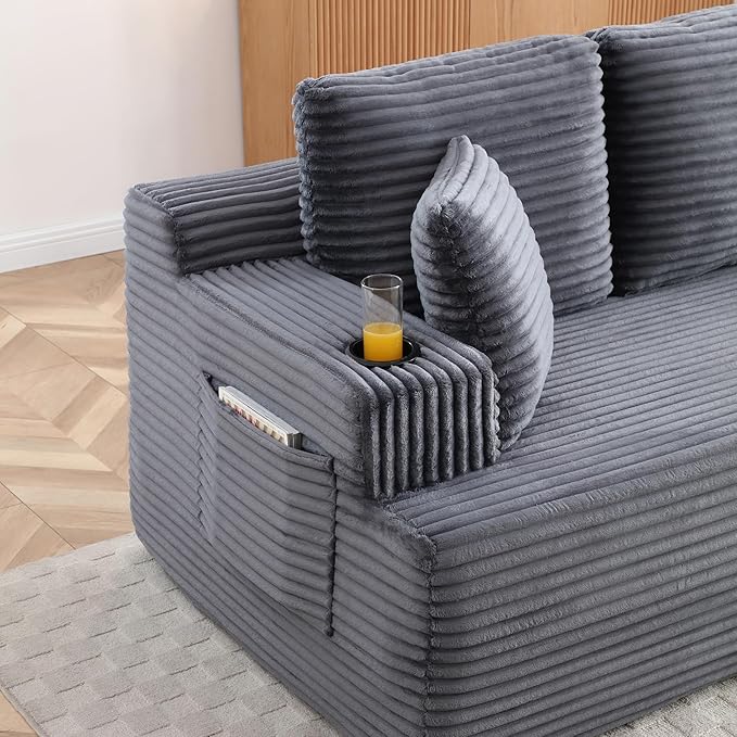 Eafurn Floor Loveseat Boneless Sofa Couch in a Box with Cup Holder and Side Pockets 3 Seater Comfy Corduroy Upholstered Foam Couch with Deep Seating for Living RoomNo Assembly | Breathable material