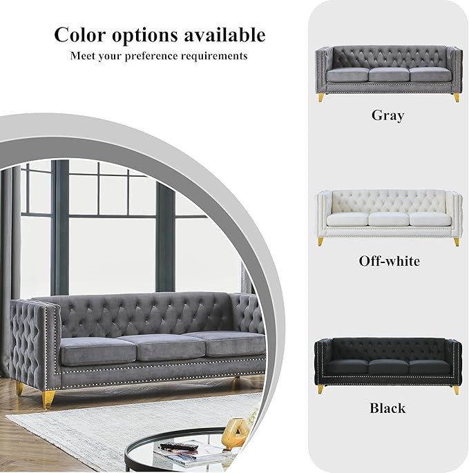 2 Piece Chesterfield Velvet Combination Sofa Set for Living Room3-Seater and Loveseat Sofa Set Tufted Couch with 4 PillowsRolled Arms and Nailhead for Living Room Bedroom Office Grey