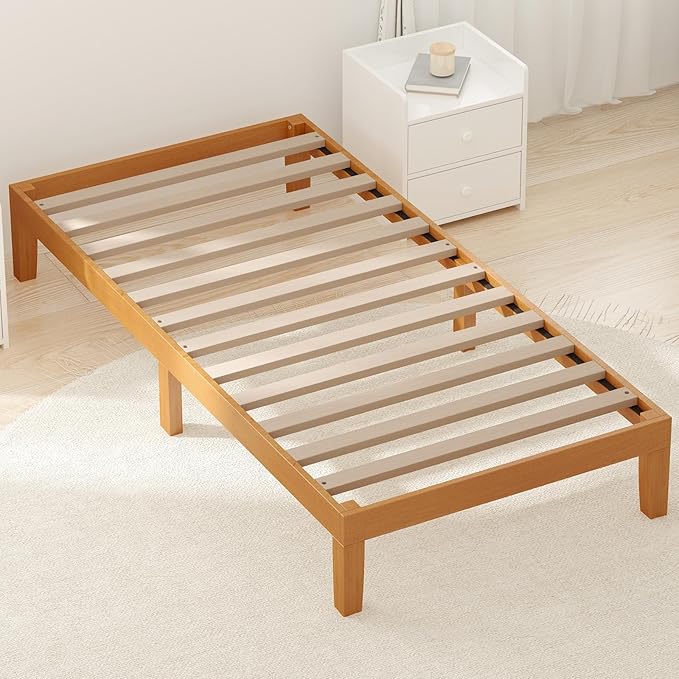 DUMOS Solid Wood Bed Frame Twin Size Bed Base with Wood Slat Support Sturdy Stylish &amp Noise-Free Design No Box Spring Needed Easy Assembly 12 in Natural Pine