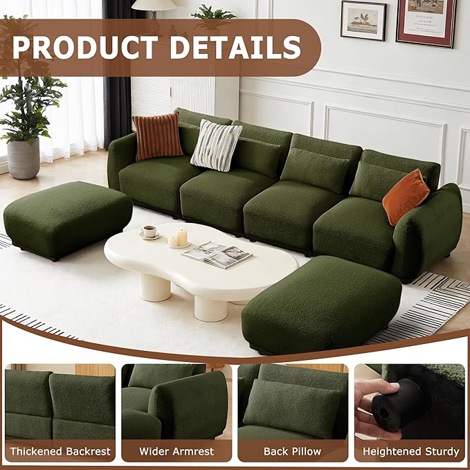 U Shaped Cloud Sectional Convertible L Shaped Couch with Removable OttomansModular Cloud Couch Sectional for Living Room(4 Set + 2 Ottomans - Green)