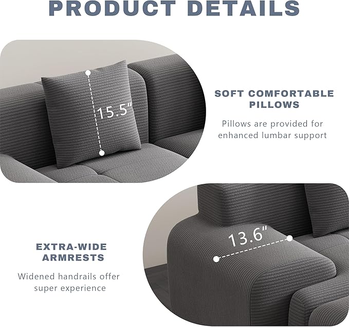 107 Cloud Modular Sectional CouchBoneless Sofa with OttmanL-Shape Upholstered Sofas with Deep SeatModern Cozy Corduroy Couches with Memory FoamNo Assembly Required (Dark Grey)