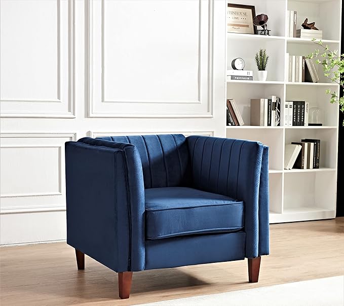 Container Furniture Modern Luxury Velvet Chair for Living Room with High Density Foam Soft Fabric Upholstery Removable Cushions and Solid Wood Legs 36.6'' Wide Armchair Dark Blue