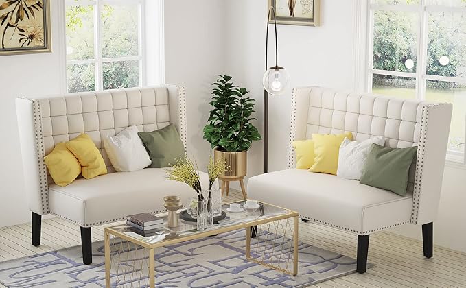 Andeworld Modern Loveseat Settee Bench Sofa Couch Upholstered Banquette Dining Bench with Back for Dining Living Room Hallway or Entryway SeatingWhite