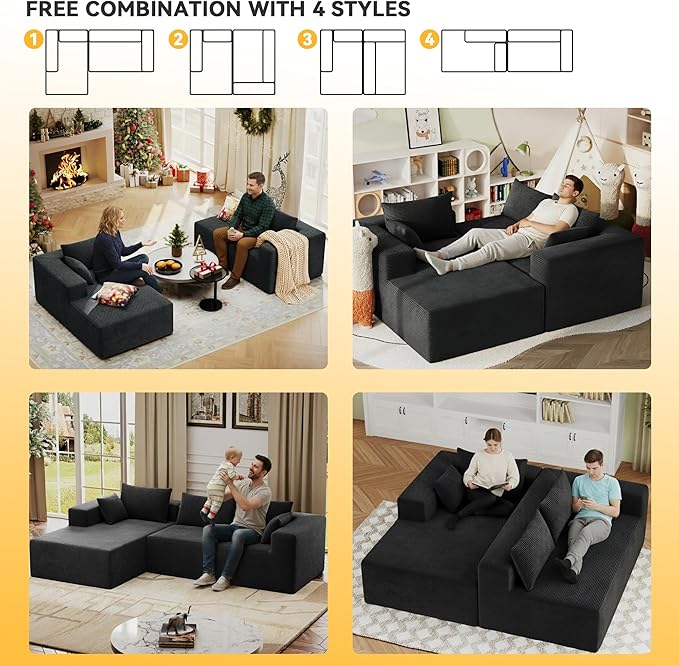 ALISH 111 Inch L-Shaped Cloud Sectional Sofa Couch Compression Couch with Chaise Modular Deep Seat Boneless Design for Easy Setup Plush Upholstered Living Room Bedroom Apartment Furniture Black