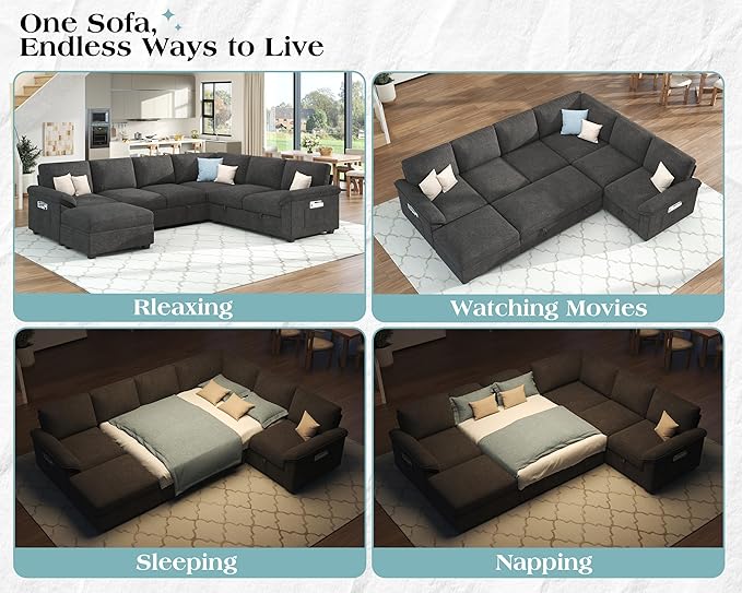 VanAcc 105 Sofa Bed Sectional Sleeper Sofa with Pull Out Bed/Reclining Backrest Sleeper Couch Bed with Storage 6 Seater Couch Bed for Living Room Chenille Dark Gray