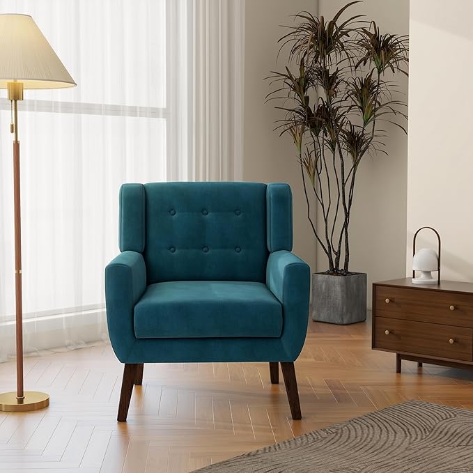 Accent Chair Mid-Century Modern Velvet Fabric Chairs with Arms for Living Room Comfy Upholstered Club Single Sofa Armchair for Bedroom Waiting Room with Solid Wood Frame (Velvet Blue Set of 1)