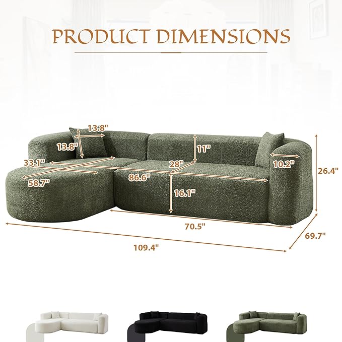 Curved Sectional Sofa with Left Chaise 109 Oversized Boneless Couches L-Shape Modern Cloud Modular Couche with Deep Seat Upholstery Chenille for Living Room No Assembly Required Green