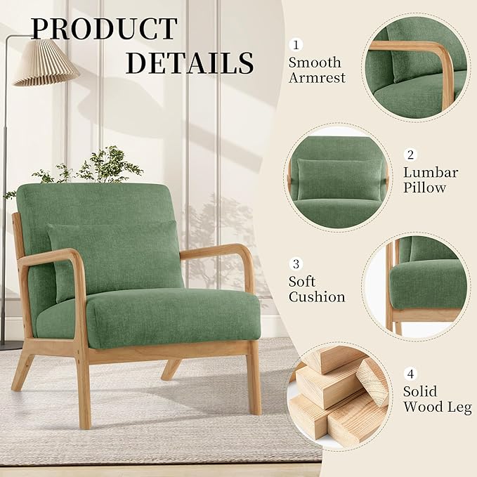 Accent Chair with Pillow Upholstered Mid Century Chair Living Room Chair Comfy Reading Chair with Thick Cushion Solid Wood Frame Armchair for Small Space Bedroom Balcony Green Set of 2