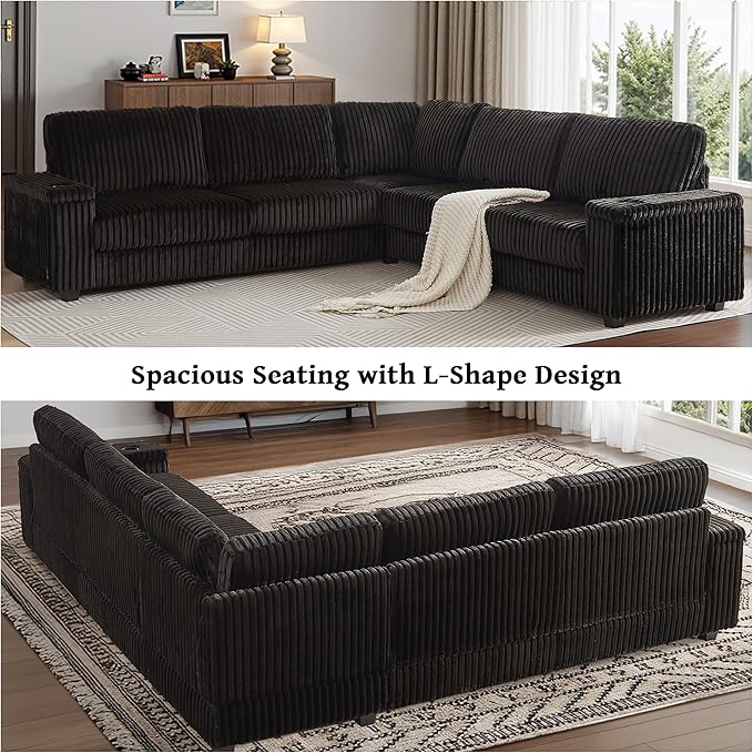 Black Sectional Couches for Living Room Oversized Corduroy Couch Large L-Shaped Corner Couch with Storage Armrests USB Charging &amp Cup Holder 5 Seater Modular Sectional Sofa (Black)