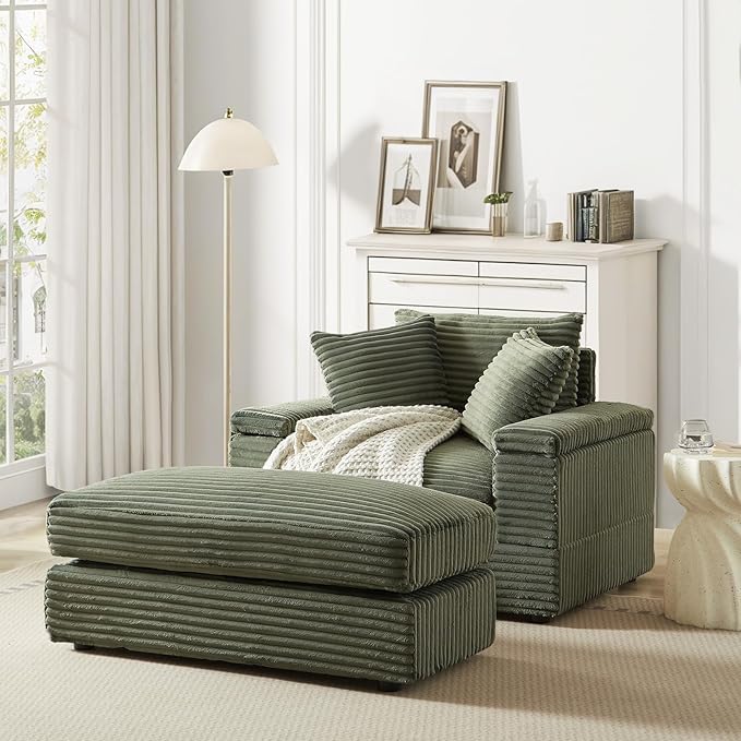 Chaise Lounge Chair Indoor 44 Inch Comfy Corduroy Sectional Cloud Couch Upholstered Single Sofa w/Movable Ottoman for Living Room Bedroom Apartment Green