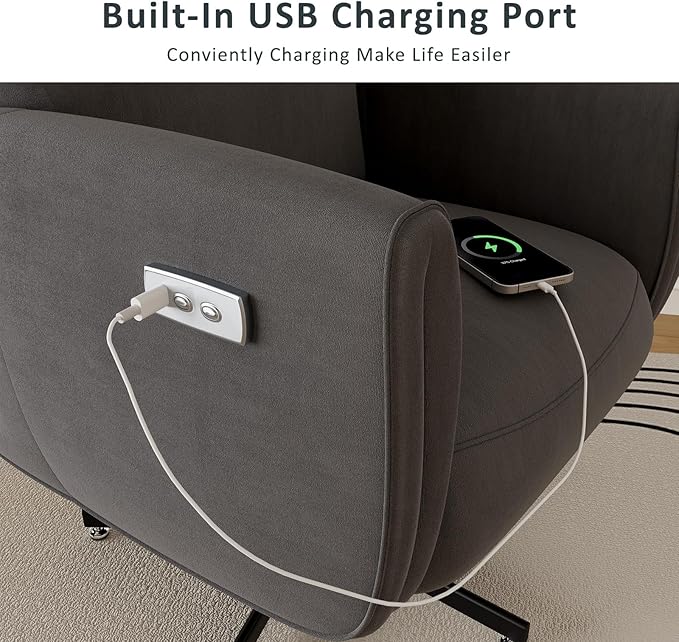 Power Swivel Recliner Chair Modern Electric with USB &amp Type-C Ports Upholstered Velvet Swivel Recliner Chair 360° Swivel for Office &amp Living Room Easy Assembly (Dark Gray)