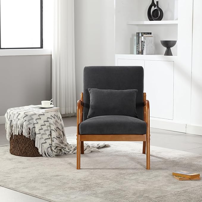 Modern Accent Chair Solid Wood Padding Lounge Armchairs with One Pillow for Living Room Bedroom Guest Room (Gray)