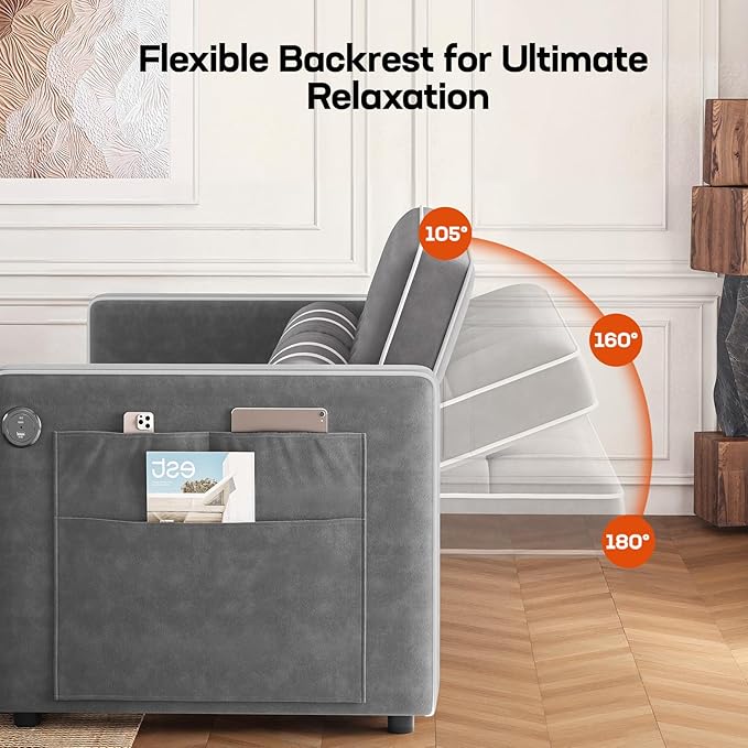 Amada 3 in 1 Convertible Sleeper Sofa Bed Futon Couches for Living Room with USB Ports &amp Side Pockets Adjustable Backrest Velvet Fabric Pull Out Couch Loveseat Sectional Sofa Bed(Grey)