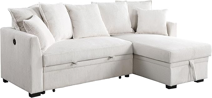 Modern Living Room Corner Convertible Sofabed Corduroy Upholstered Reversible Sleeper Sectional Sofa with 7 Pillow and USB Ports L-Shaped Pull Out Sleep Couch Bed W/Reversible Storage Chaise Daybed