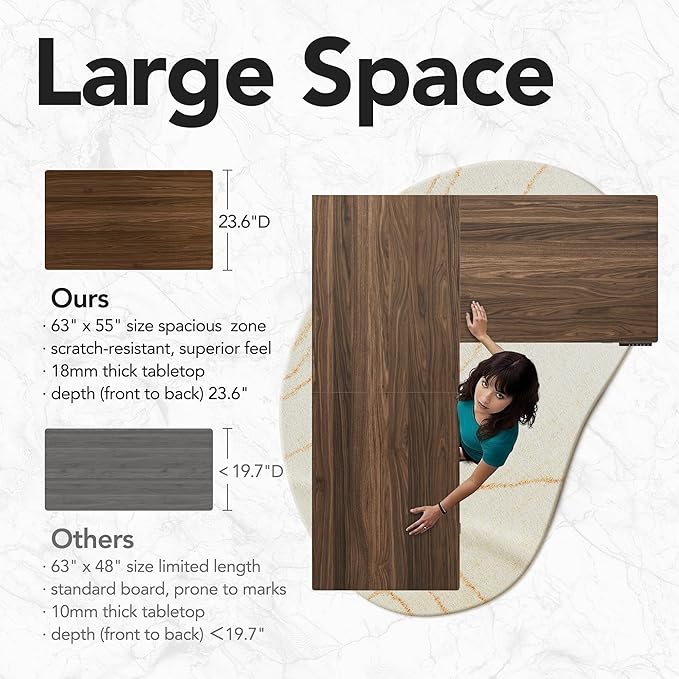 HUANUO 63 Inch L Shaped Standing Desk Electric Executive Height Adjustable Desk with Storage Drawers Reversible Design Computer Workstation for Home Office Black Walnut