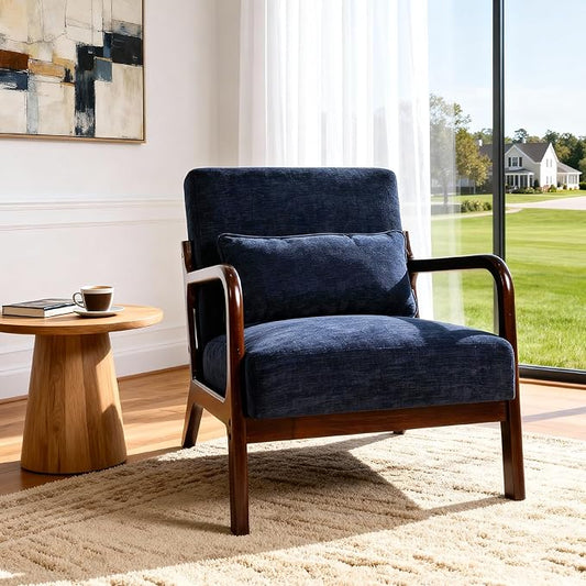 Mid Century Modern Accent ChairComfy Fabric Reading Chair with Retro Solid Wood Frame &amp High Back Upholstered Lounge Arm Side Chair for Living Room Bedroom Balcony (Antique Blue)