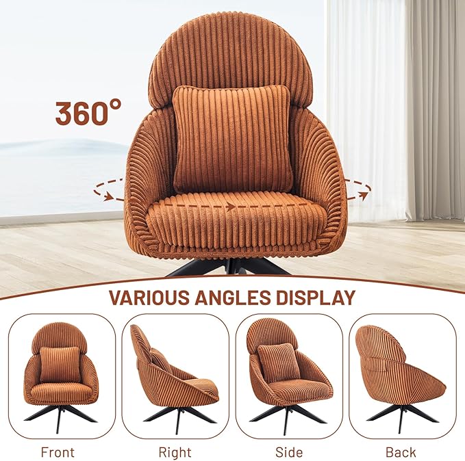 Furniliving Large Swivel Accent Chair Modern Arm Chair Sofa Chair with Pillow Living Room Chair Bedroom Chair with Headrest Comfy Desk Chair Upholstered Chairs for Rest Room Corduroy Orange