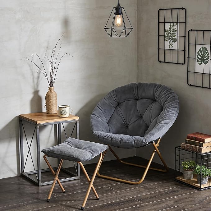 Magshion Folding Saucer Chair for Adults with Ottoman Circle Reading Chair for Bedroom Living Room &amp Dorm Furry Comfy Accent Seat with Metal Leg &amp Thick Padded for Small Spaces (Grey 2 Pac