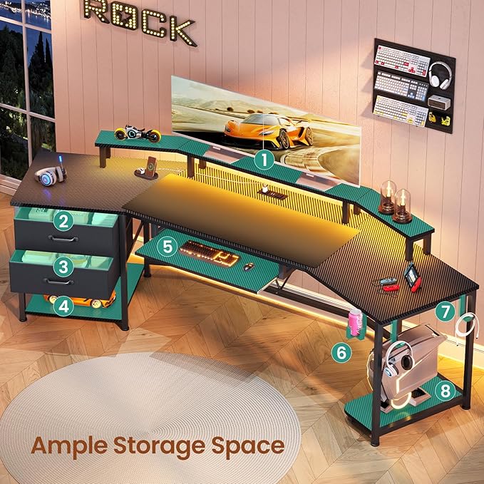 Itaar 79 Gaming Desk with 2 Fabric Drawers Long Computer Desk with Power Strip &amp LED Lights U Shaped Desks with Storage and Cup Holder Large Gaming Table for Bedroom Carbon Fiber Black