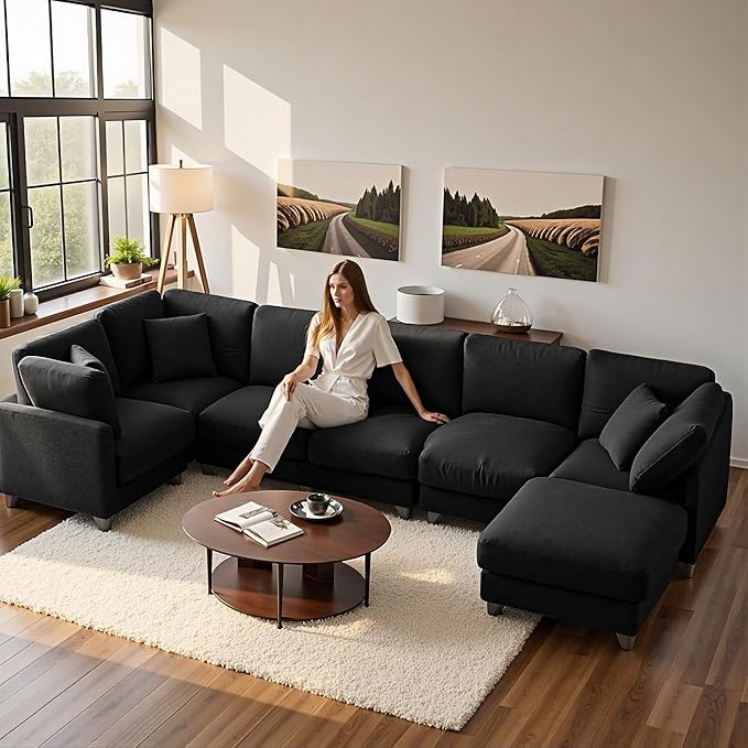 Modular Sectional Sofa Oversized Chenille Cloud Couch with Movable Ottoman 7 Seater Cloud Sectional Couch Convertible L/U-Shape and Sofa Bed Couches for Living Room Black