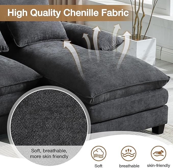 MELLCOM 110.2 U Shaped Cloud Couches Modular Sectional Sofa for Living Room Modern Deep Seat Sofa 4 Seater Chenille Comfy Cloud Couch with Double Chaise &amp Throw Pillows Grey