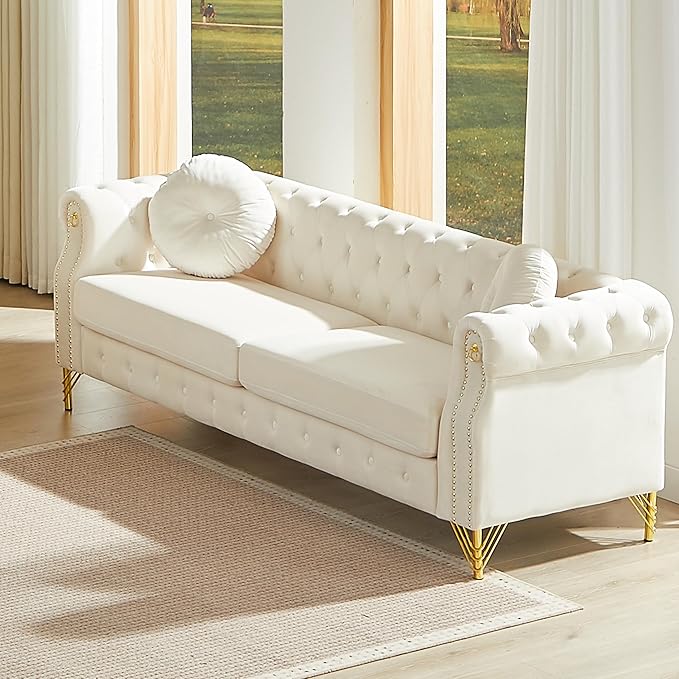 KEIKI 82 inch Chesterfield Sofa Retro Style Upholstered 3 Seat Velvet Couch with Rolled Arm for Living Room Bedroom Office Apartment Beige