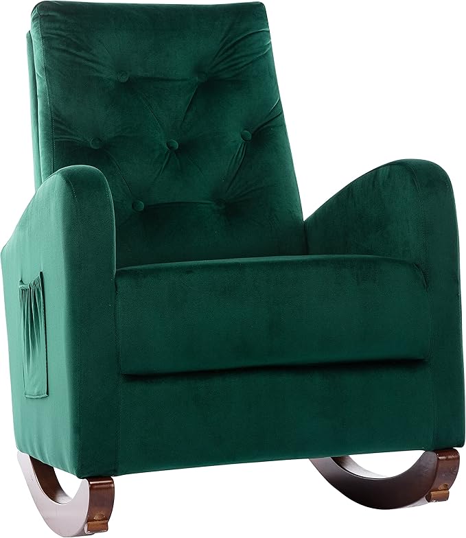 Cozy Velvet Reclining Rocking Chair with Side Storage Pocket Comfortable Button Tufted Rocker Elegant and Functional Rocking Recliner Chair Ideal for Living Room &amp Nursery Emerald