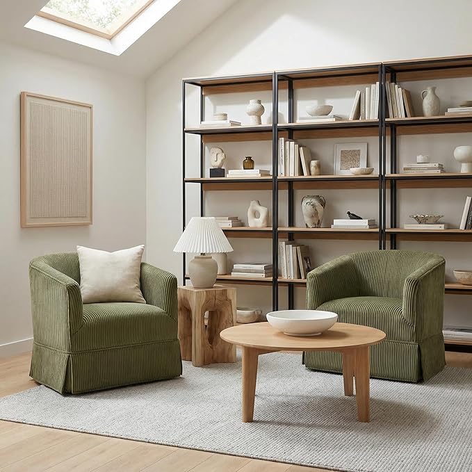 Swivel Accent Chair for Living Room 360° Upholstered Barrel Swivel Chairs with Skirted Base Modern Linen Armchairs for Bedroom Reading Nook Small Space Corduroy Green