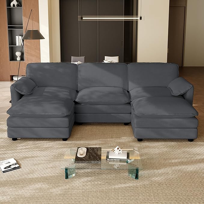 113.7 U Shaped Cloud Couch Sectional for Living Room Modern Modular Deep Seat Sofa with Movable Ottoman Comfy Fluffy Chenille Sectional Sofa Set Grey