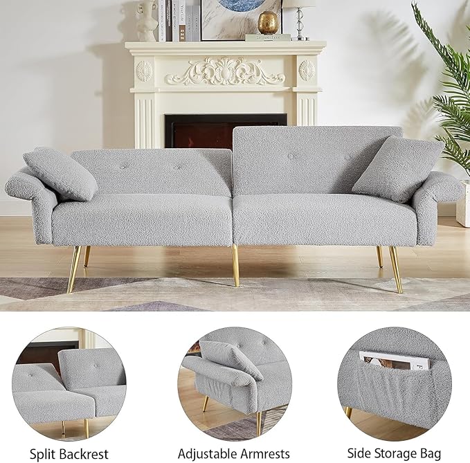 69.5'' Grey Futon Loveseat Sofa Bed Teddy Upholstered Folding Couch with Adjustable Backrest and Armrests Sleeper Sofa with Side Pocket and Gold Metal Legs for Small Space Living Room (Grey)