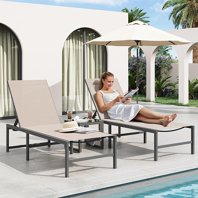 Amopatio Outdoor Patio Lounge Chair Adjustable Heavy-Duty Chaise Lounge for Poolside Weather Resistant Pool Lounge Furniture Set with Table for Backyard Beach 400 LBS Capacity(Khaki)