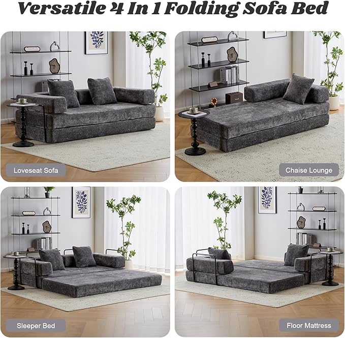 Folding Sofa Bed Modular Sectional Cloud Couch Convertible Sleeper Sofa Bed with Pillow Back Support Armrest for Living Room Bedroom Lounge No Assembly Required Chenille (Dark Grey)