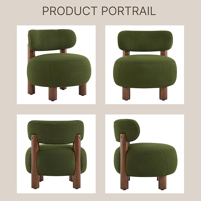 Modern Boucle Accent Chair Set of 2 with Plush Faux Sherpa Upholstery Curved Backrest Solid Wood Legs for Living Room Bedroom Reading Nook 27.5 Green