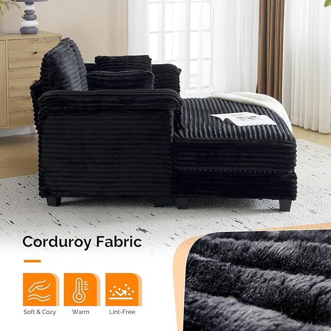 VINGLI Lounge Chair 56 Oversized Reading Chair Corduroy Chaise Sofa Recliner Bed Upholstered Comfy Sleeper Couch with Throw Pillows and Armrests for Living Room Movie Room Bedroom